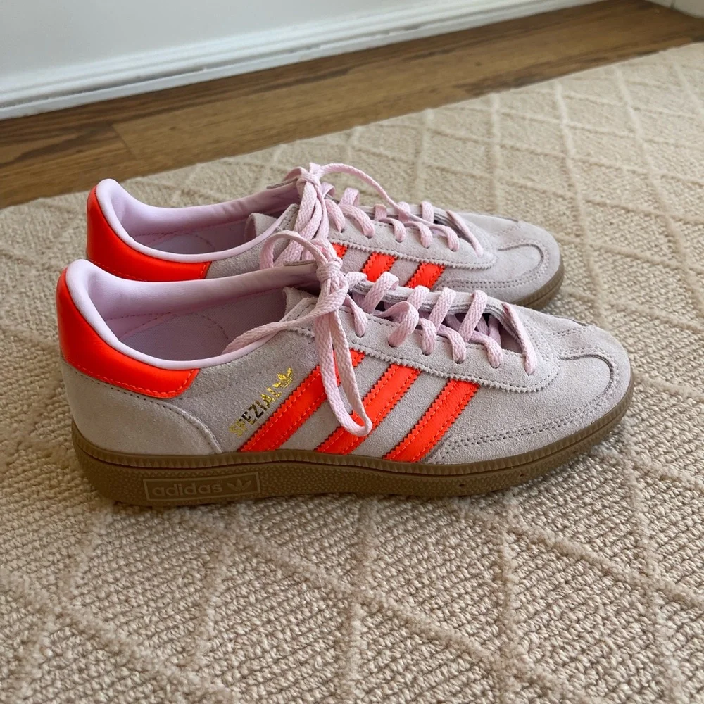 Adidas Spezial Suede Sneakers in Light Pink with Neon Orange Stripes - Picture 3 of 6